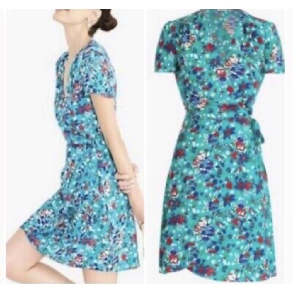 J. Crew Women's Turquoise Floral Print Short-Sleeve Wrap Mini Dress Size 8
